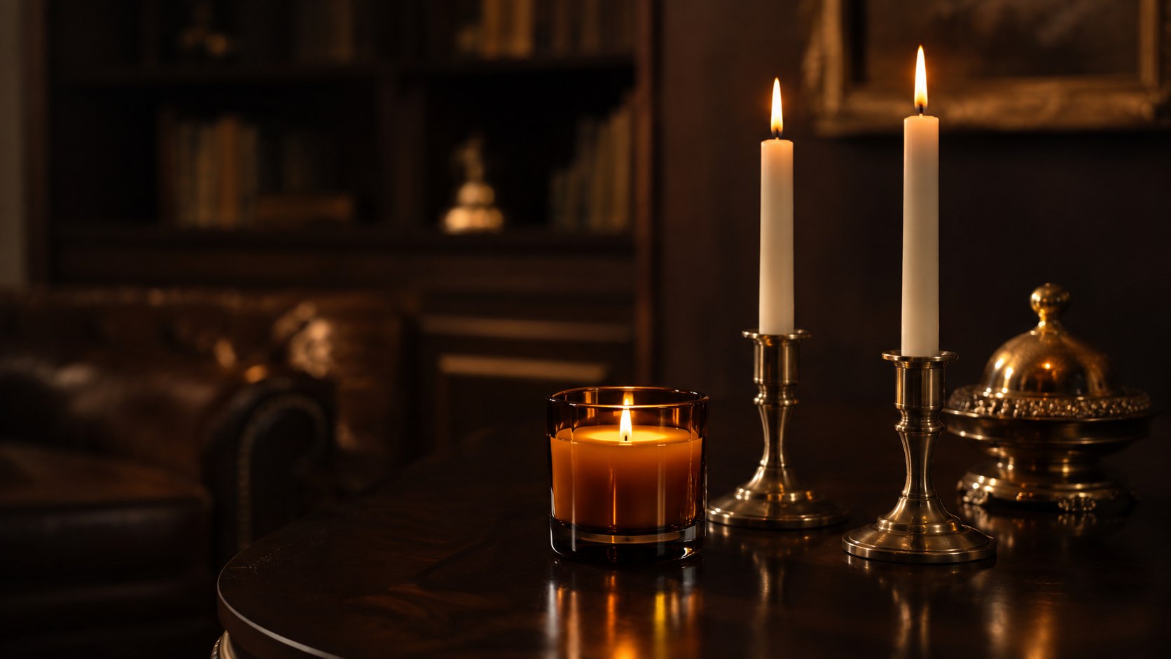 Velas acesas em uma composição noturna com madeira e latão