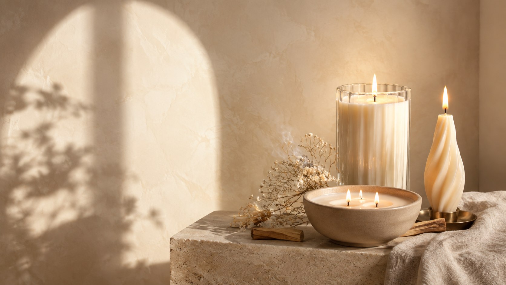 Composição elegante de velas artesanais em tons naturais