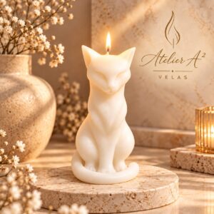 Vela artesanal escultural em formato de gatinho acesa — Atelier A²